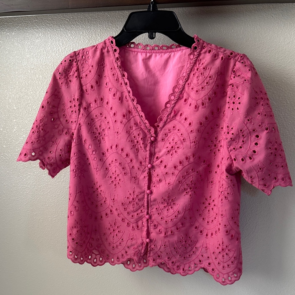 SHEIN Pink Eyelet Scalloped Button-Front Blouse